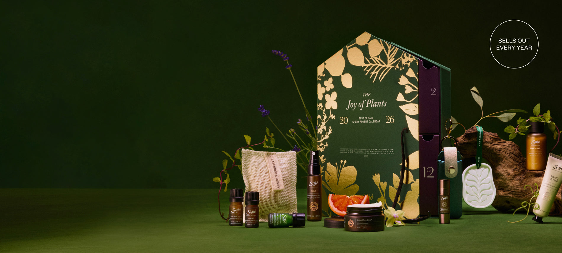 Saje Joy of Plants advent calendar with botanical seasonal packaging